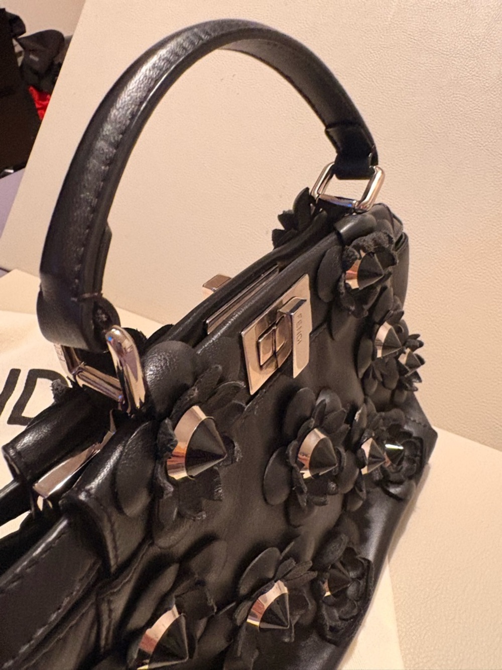 Fendi Peekaboo Mini Floral Appliqué Leather Bag – Black - Picture 4 of 12